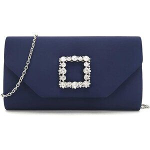 Women Navy Evening Bag Embellished Crystal Buckle Finely Crafted In Smooth Satin